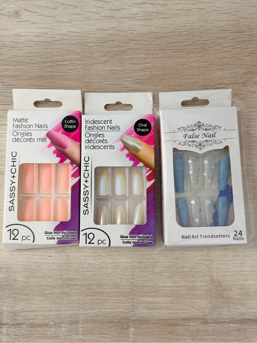 Peach Matte, Iridescent & Blue False Nail Set Trio Long Coffin & Almond shape